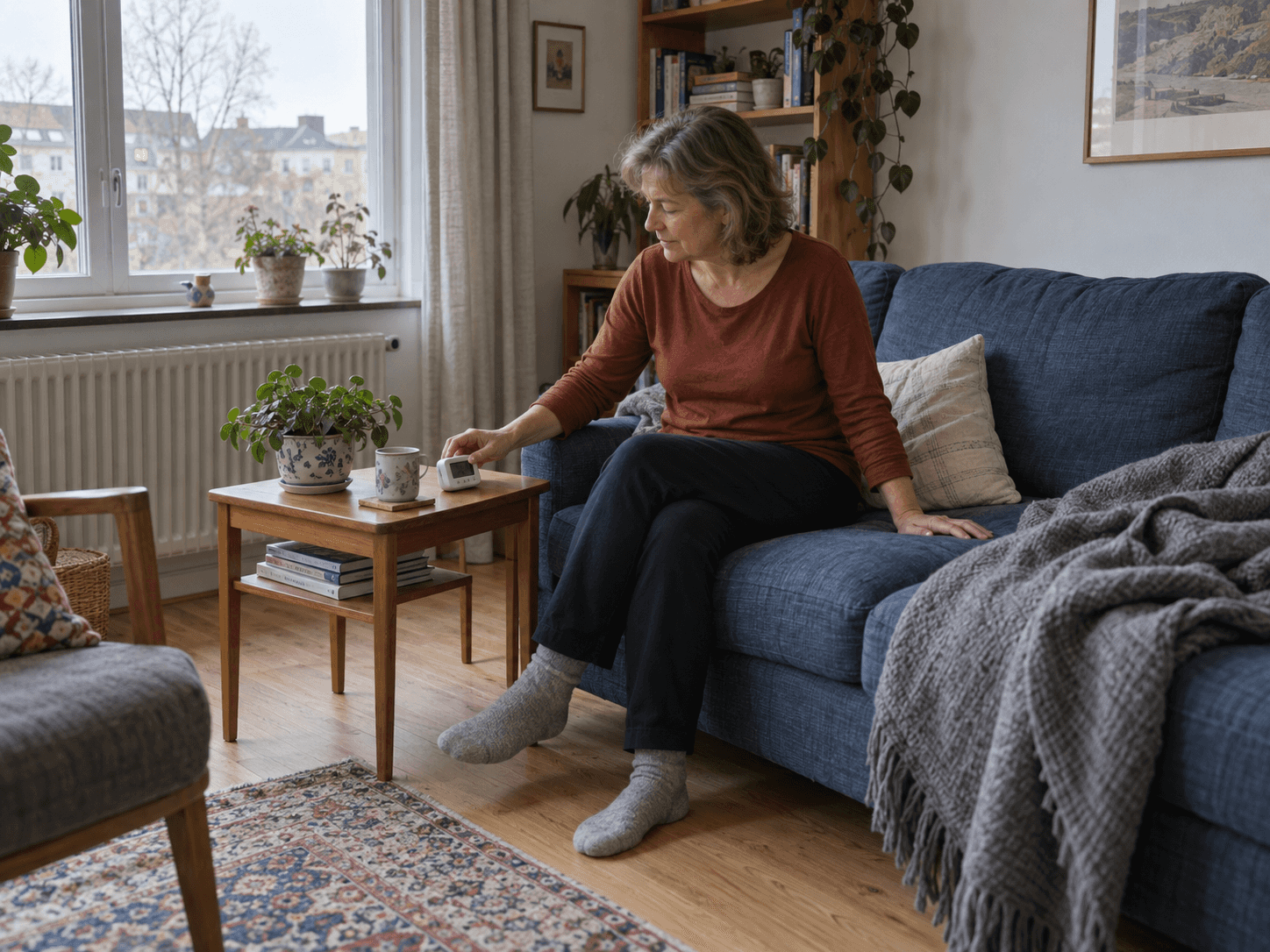 A woman on a blue sofa setting a small timer on a side table, with a blanket and pillow beside her in daylight.