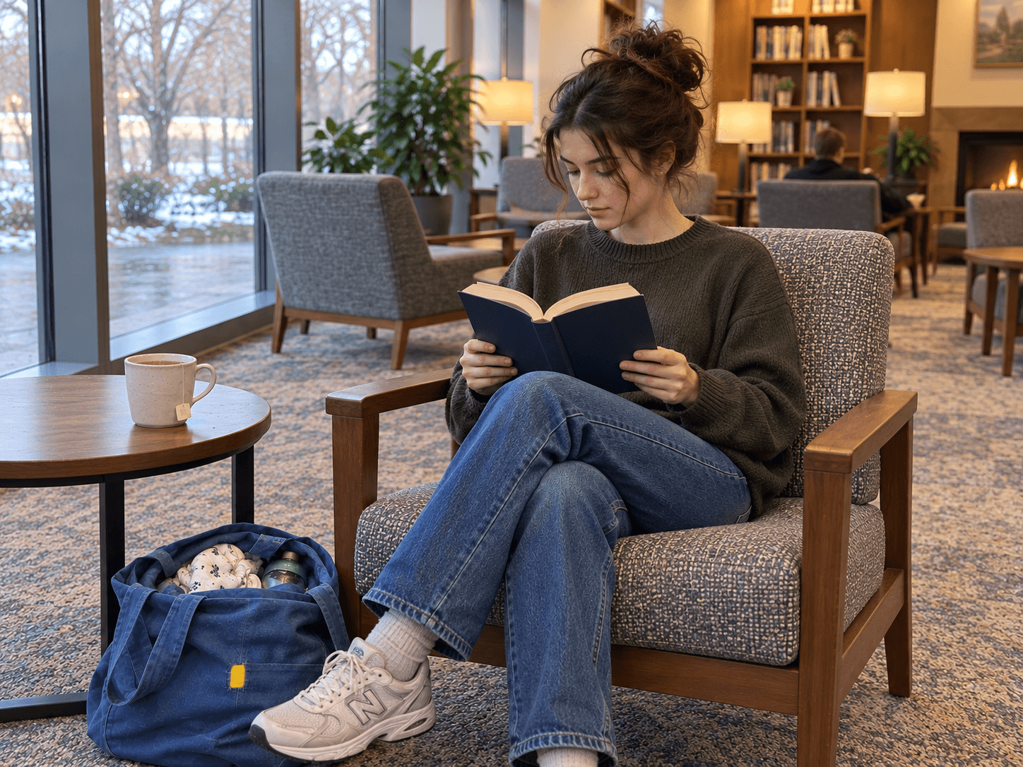 Nora reading an open book in a chair, with tea and her repaired blue tote nearby.
