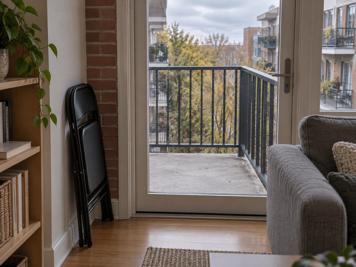A folded outdoor chair stored neatly indoors beside the balcony door, with the door opening and route kept clear.