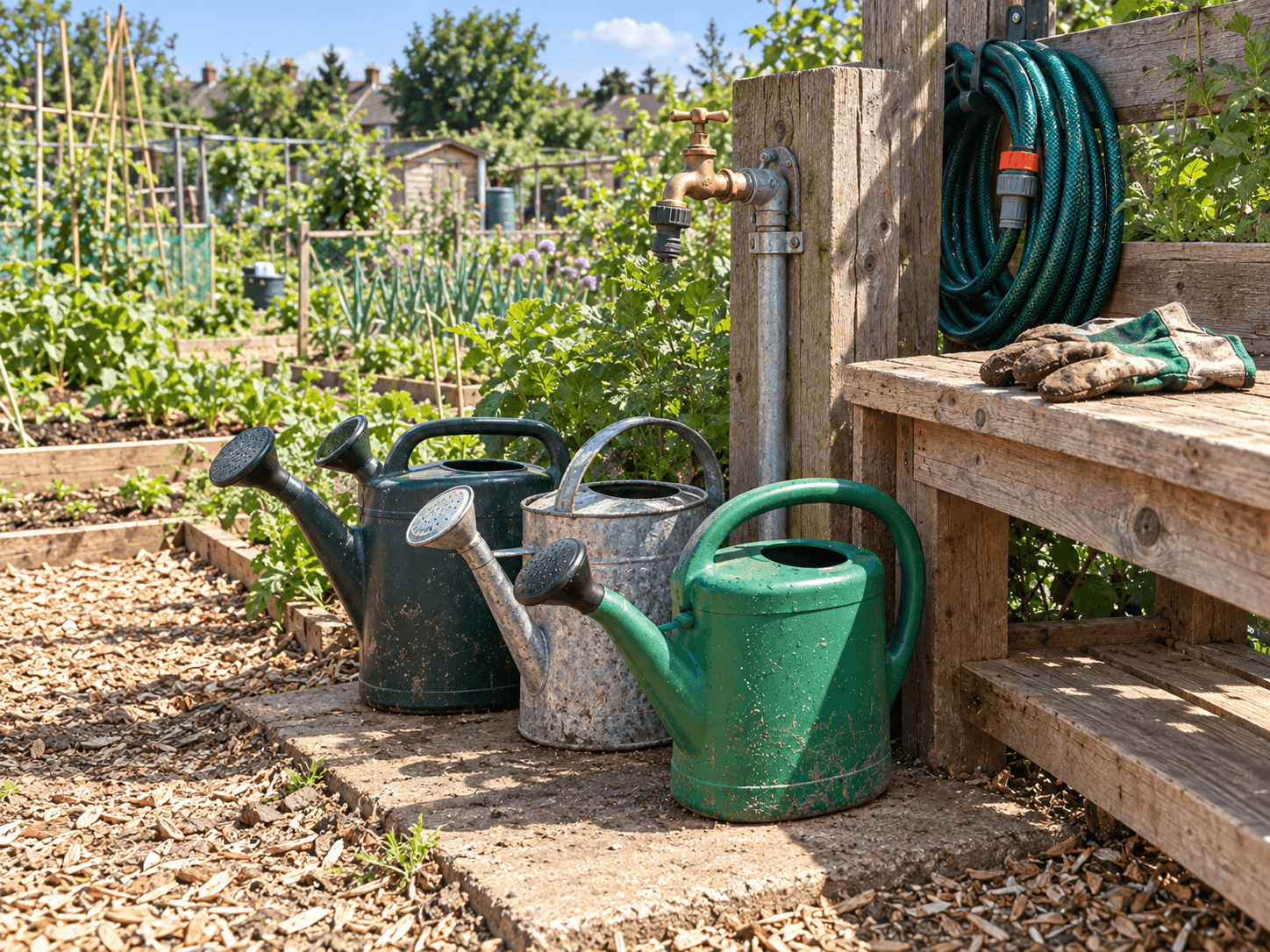 Watering cans returned upright beside a garden tap, with Eli's used gloves resting on a dry bench.