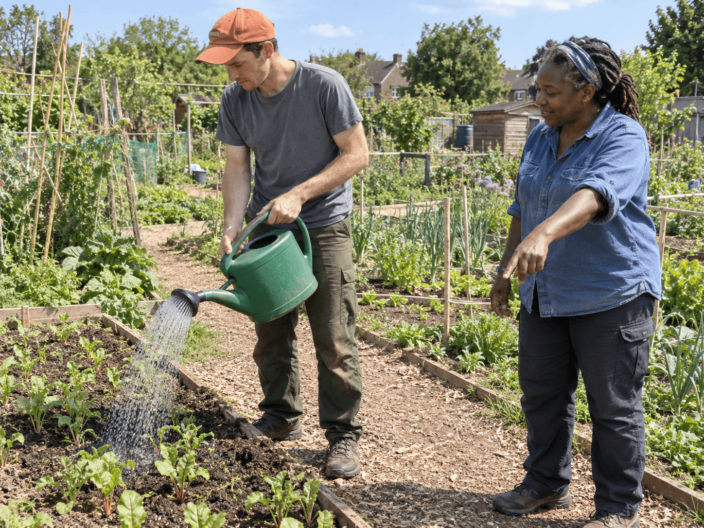 Eli watering the soil of a labelled garden bed with an ordinary watering can while a coordinator stands nearby.