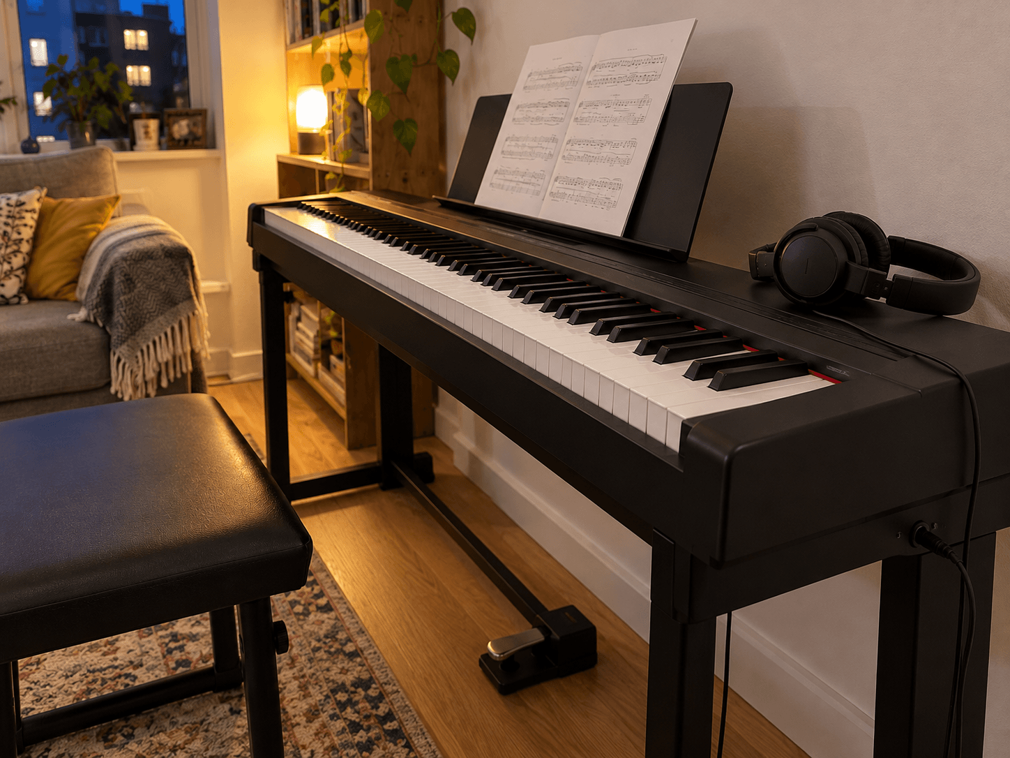 A pair of headphones plugged into a compact digital keyboard, with the cable resting clear of the pedals and walking route.