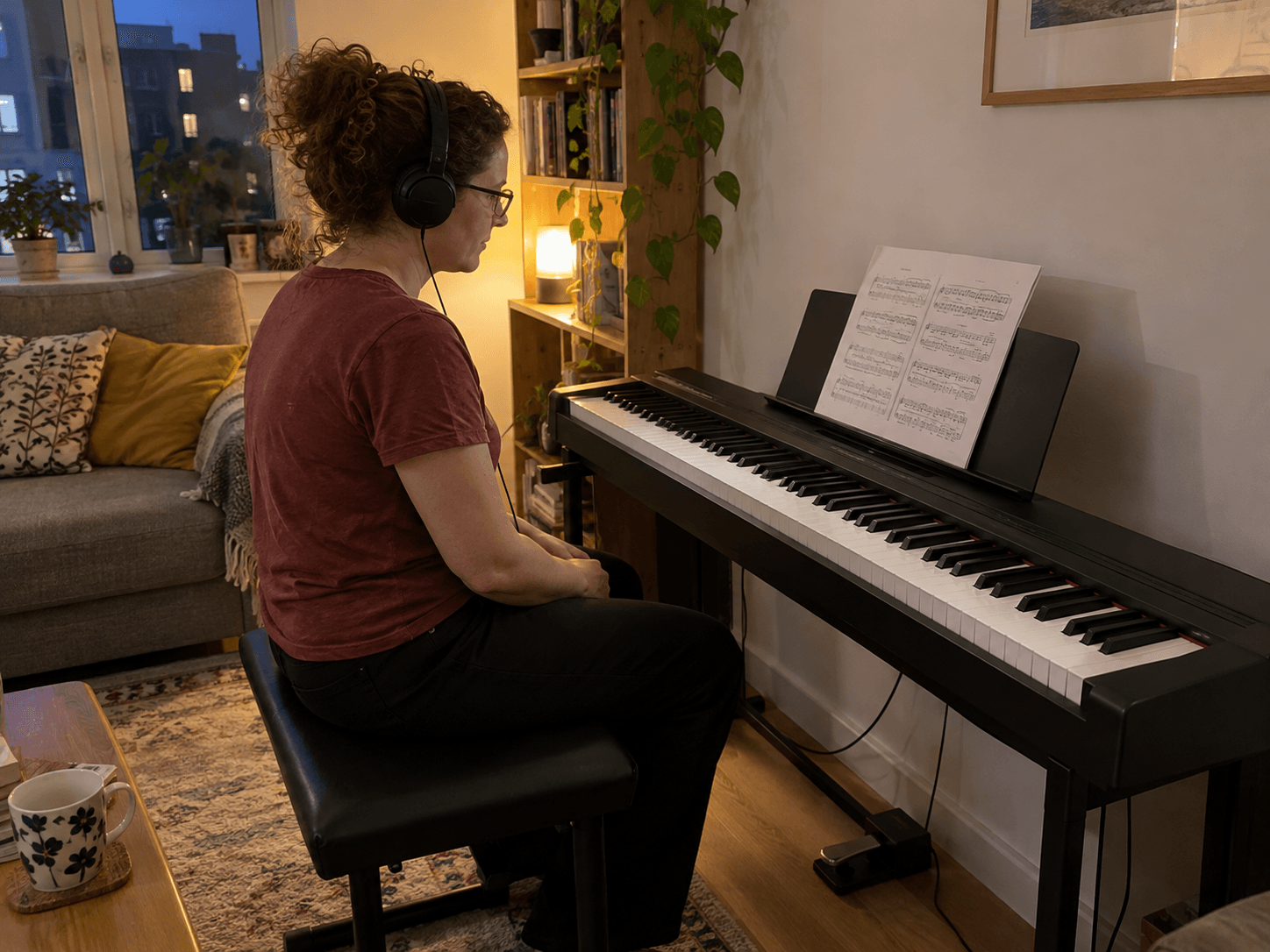 An adult at a compact digital keyboard wearing headphones, with a closed window and normal apartment furniture nearby.