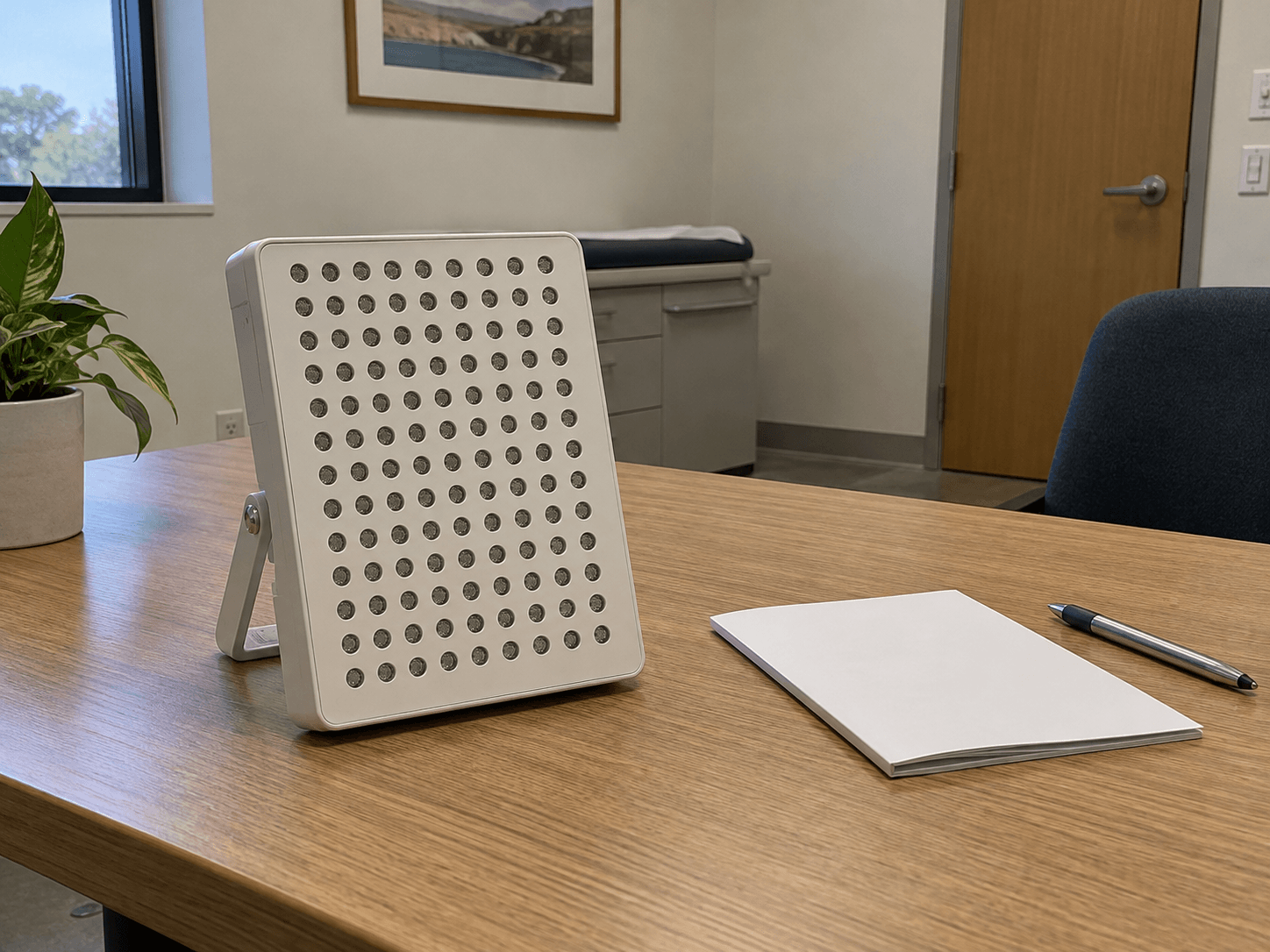 An unpowered generic LED panel beside a closed instruction booklet and pen.