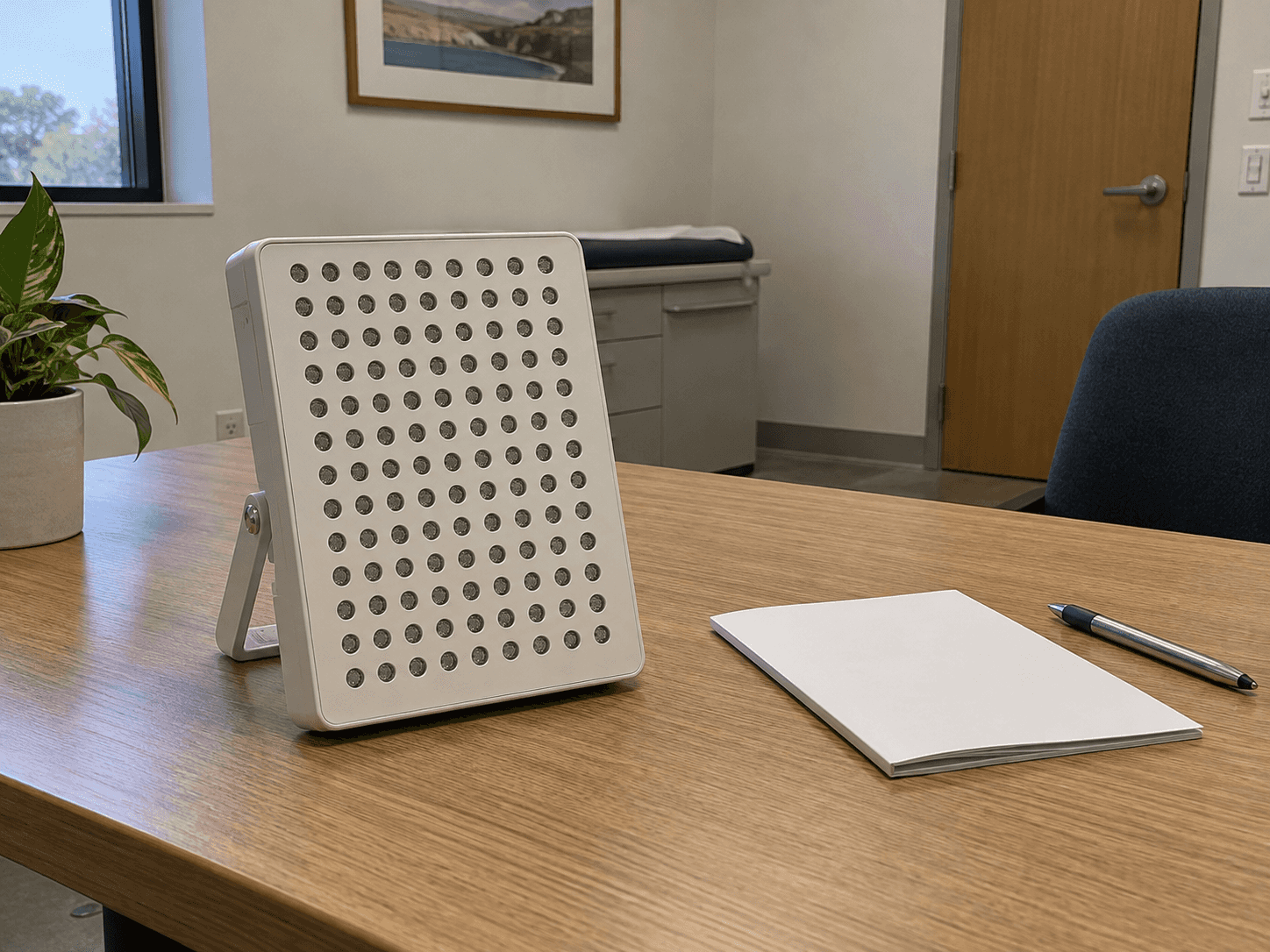 An unpowered generic LED panel beside a closed instruction booklet and pen.