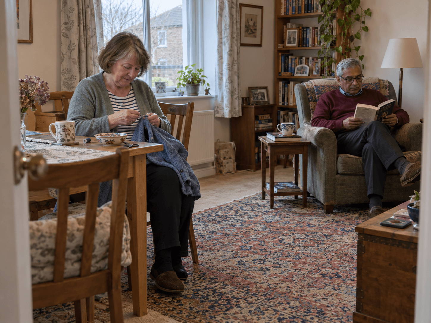 Harriet mending a cardigan at a small dining table while her friend reads in a nearby armchair.