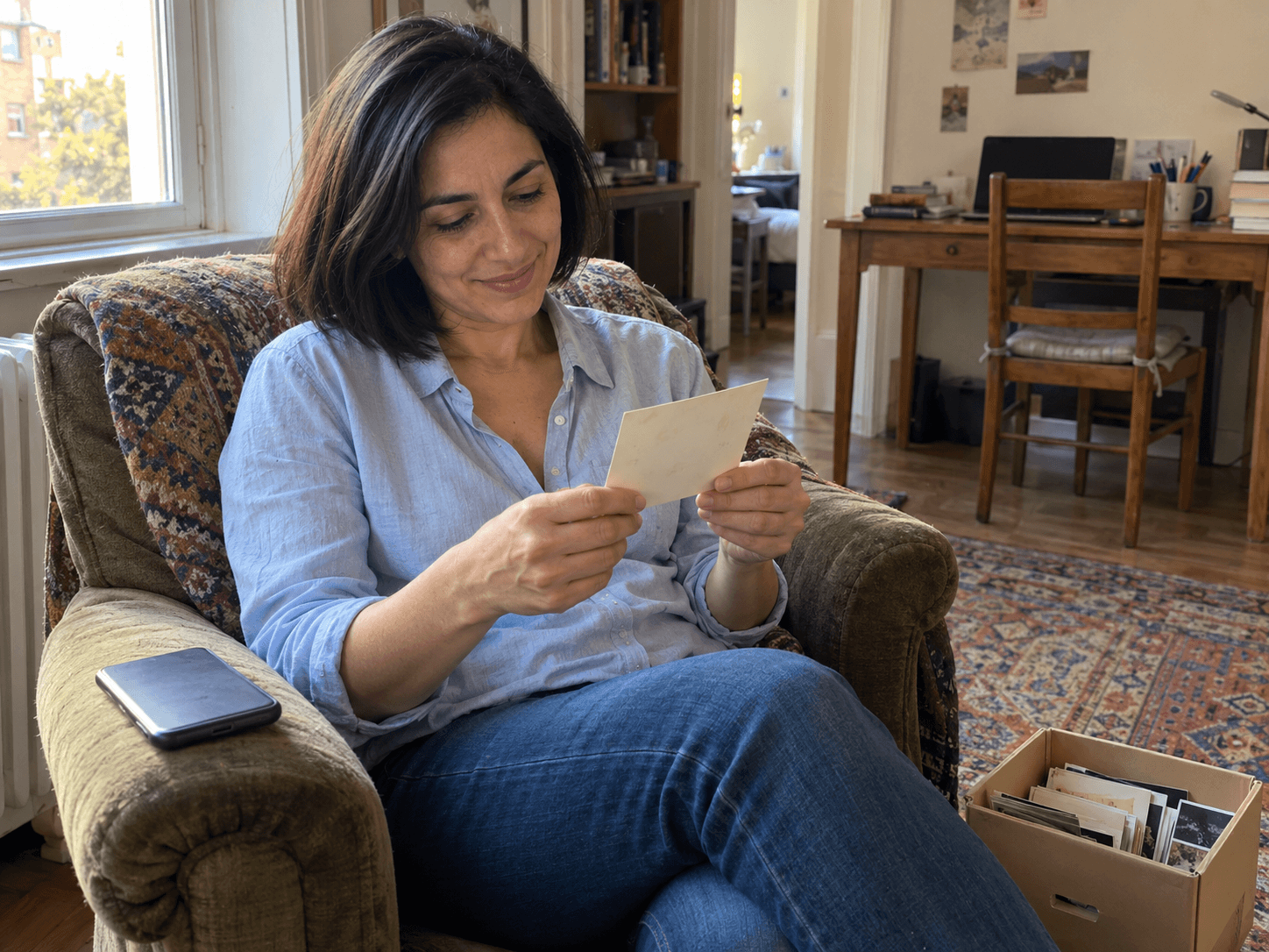 A woman at home smiling at an old printed photograph, with her phone on the arm of the chair.
