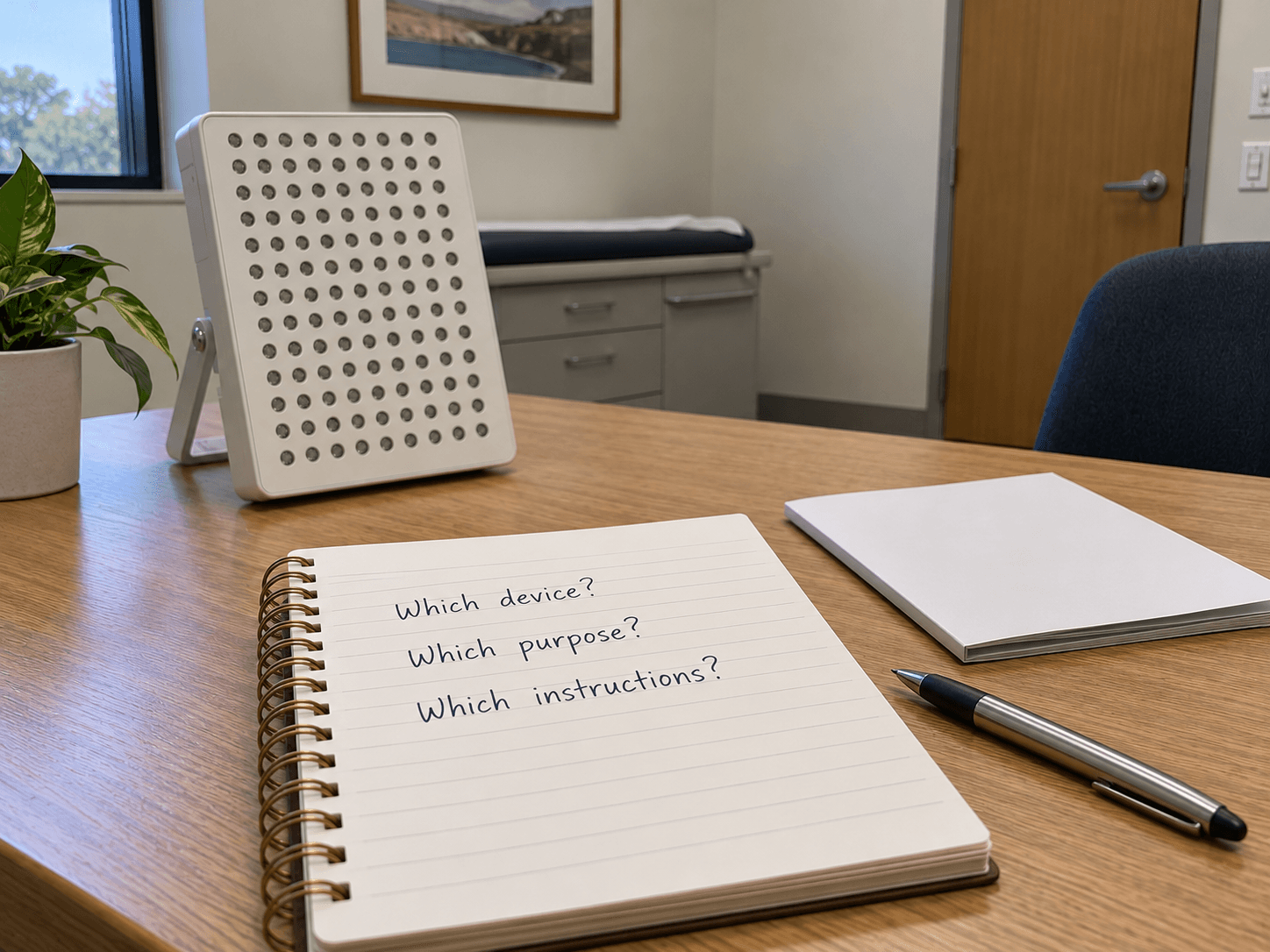 An open notebook asks Which device, Which purpose and Which instructions beside an unpowered LED panel and closed booklet.