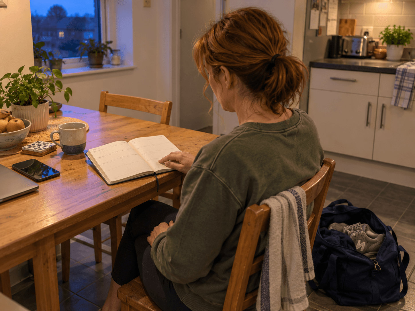 A woman in a green sweatshirt sitting at the kitchen table with her weekly diary and a gym bag on the floor.
