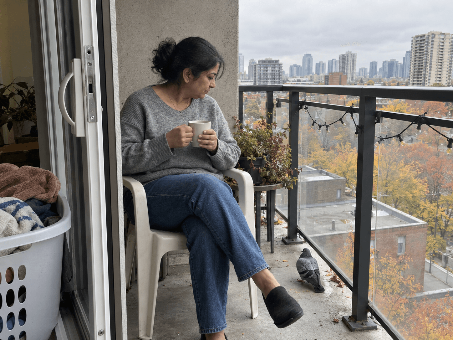 A woman in a grey sweater sitting with a mug on a small apartment balcony, with a laundry basket inside the door.