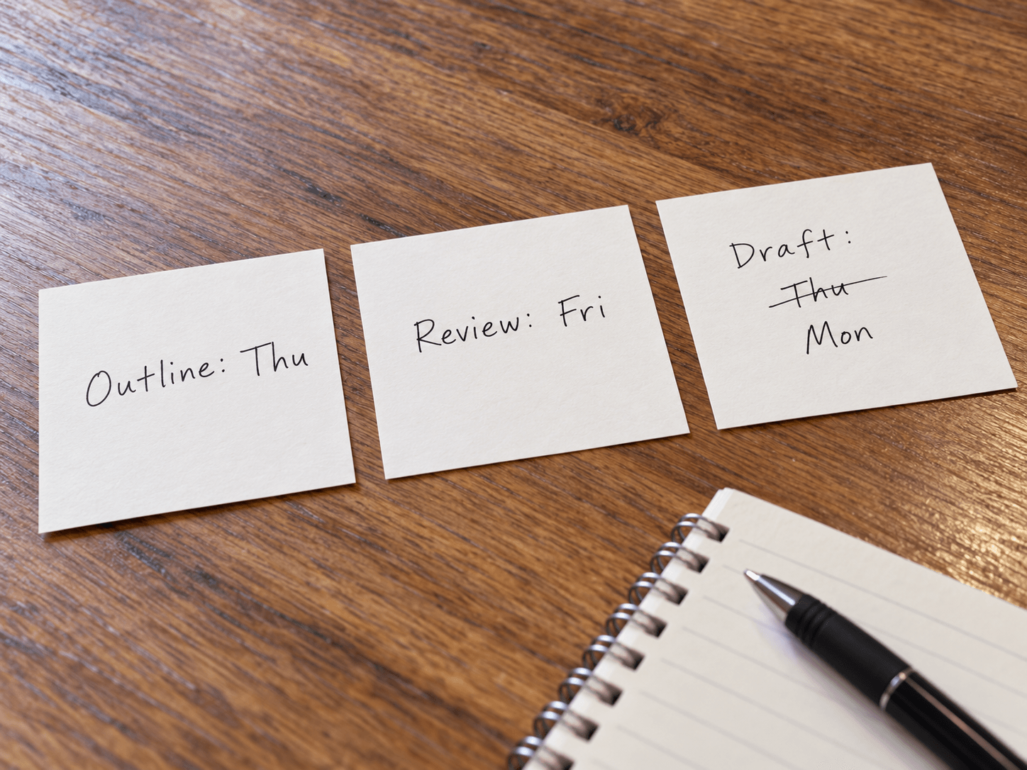 Three handwritten task cards on the table with one date crossed out and replaced, beside a notebook and an ordinary pen.