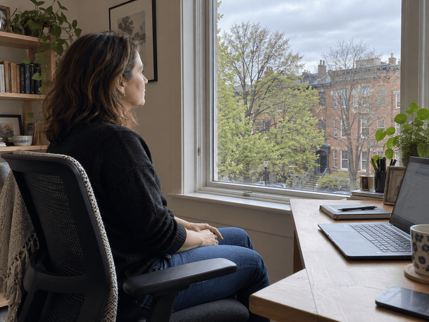 A woman turns away from her laptop to look at trees and buildings through her home-office window.