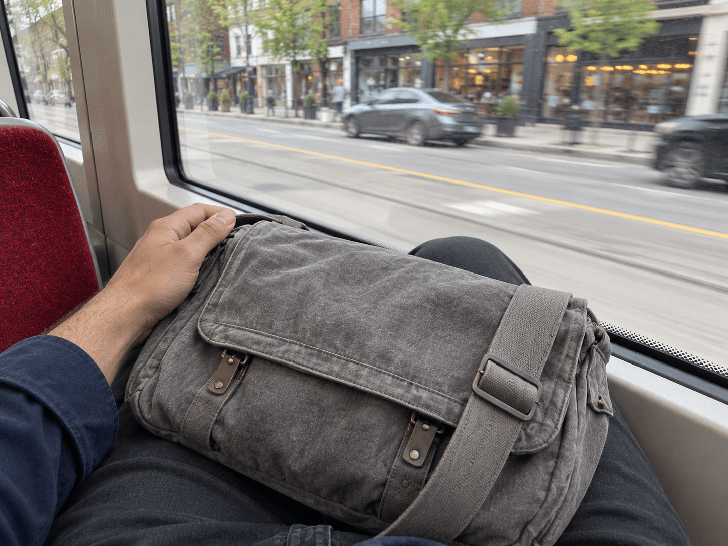 Amir's view from a quiet streetcar seat, with his everyday bag on his knees and the city visible through the window.