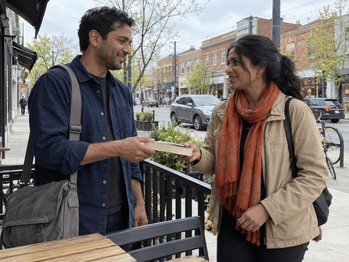 Amir and his sister Yasmin talking at the edge of a Toronto cafe patio, with their coats and bags ready.
