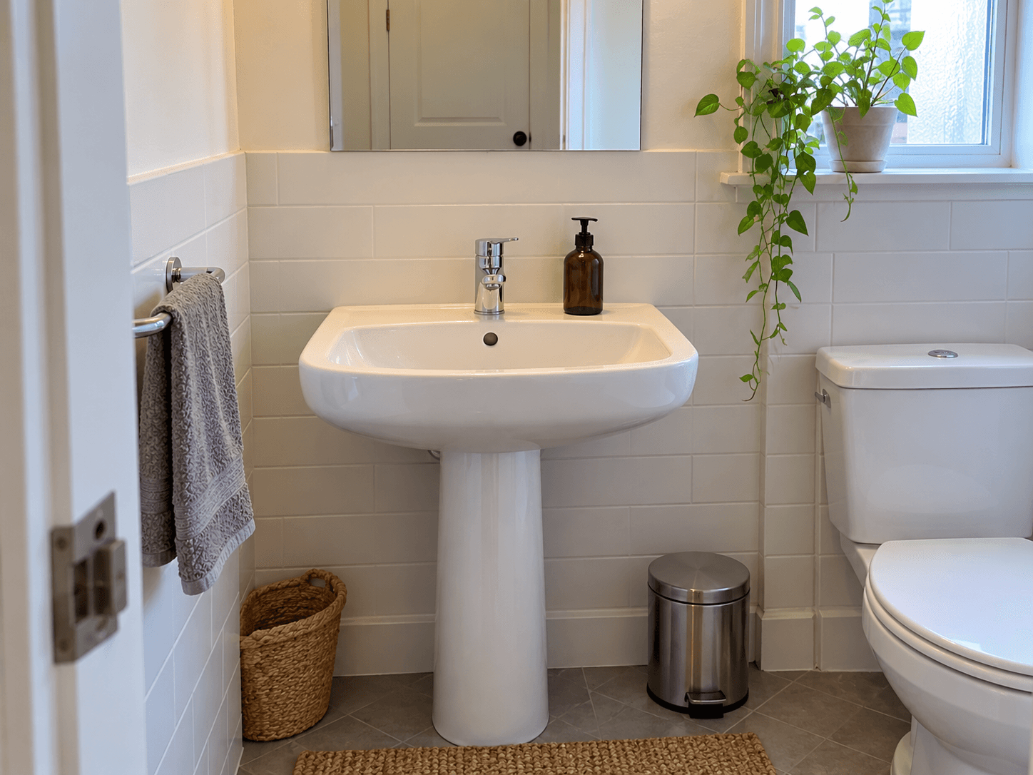 The shared bathroom sink left clear for the next person, with soap at the back and a hand towel on its rail.
