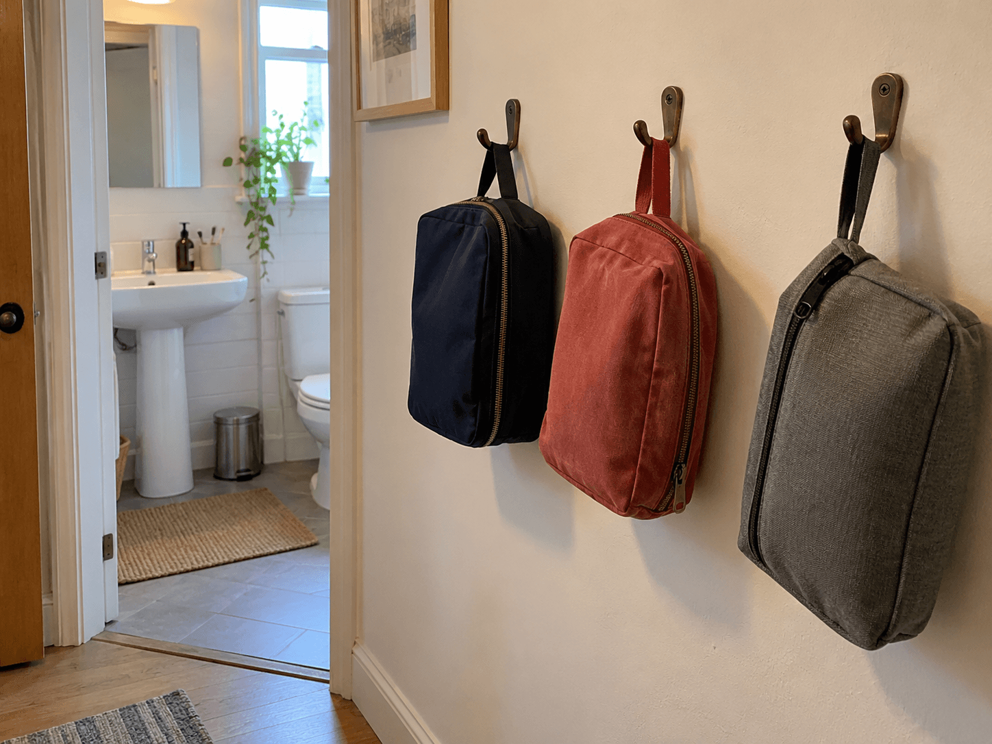 Three everyday wash bags on separate hooks outside a small shared bathroom, with a clear doorway.