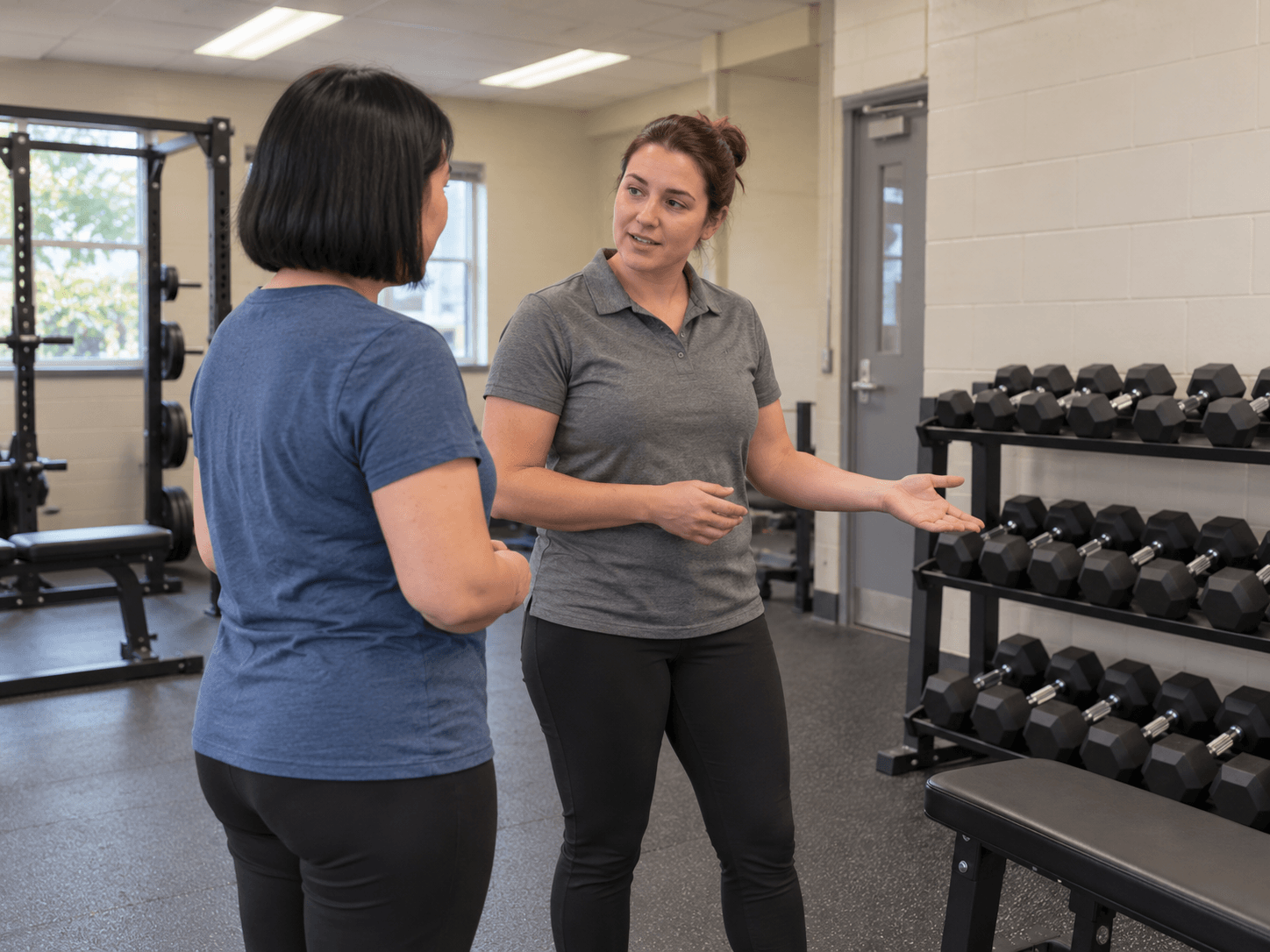 A first-time participant in a blue shirt talking with an instructor beside a neatly stored rack of dumbbells.