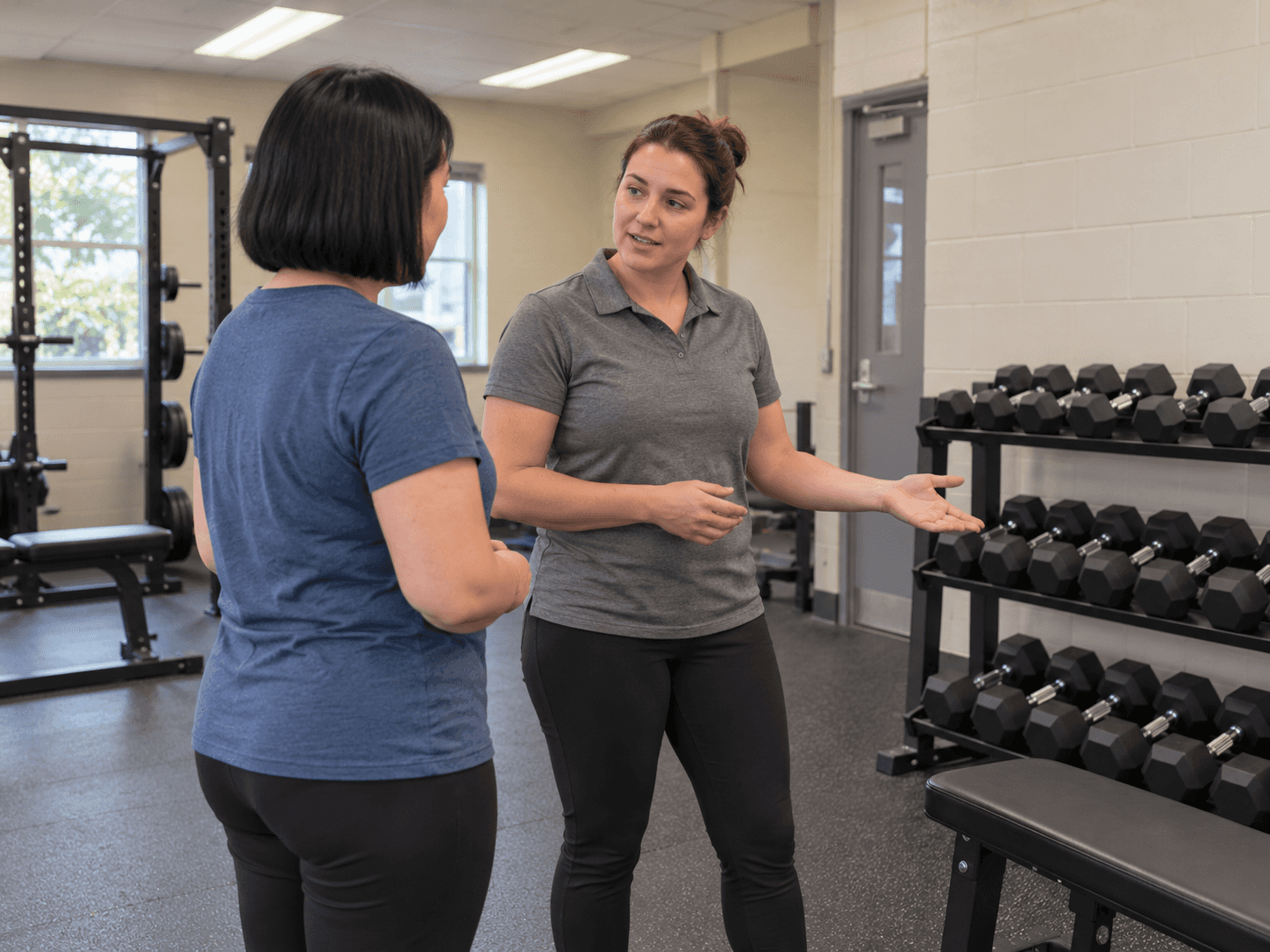 A first-time participant in a blue shirt talking with an instructor beside a neatly stored rack of dumbbells.