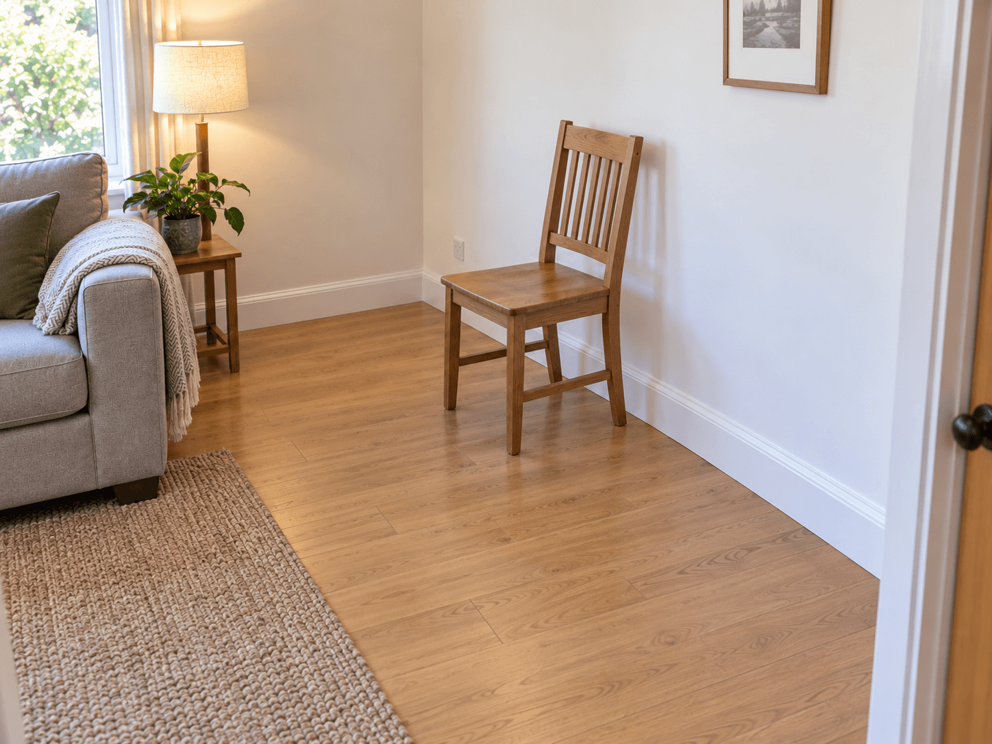 A sturdy chair beside a clear section of wall, with enough bare floor to move without reaching over furniture.