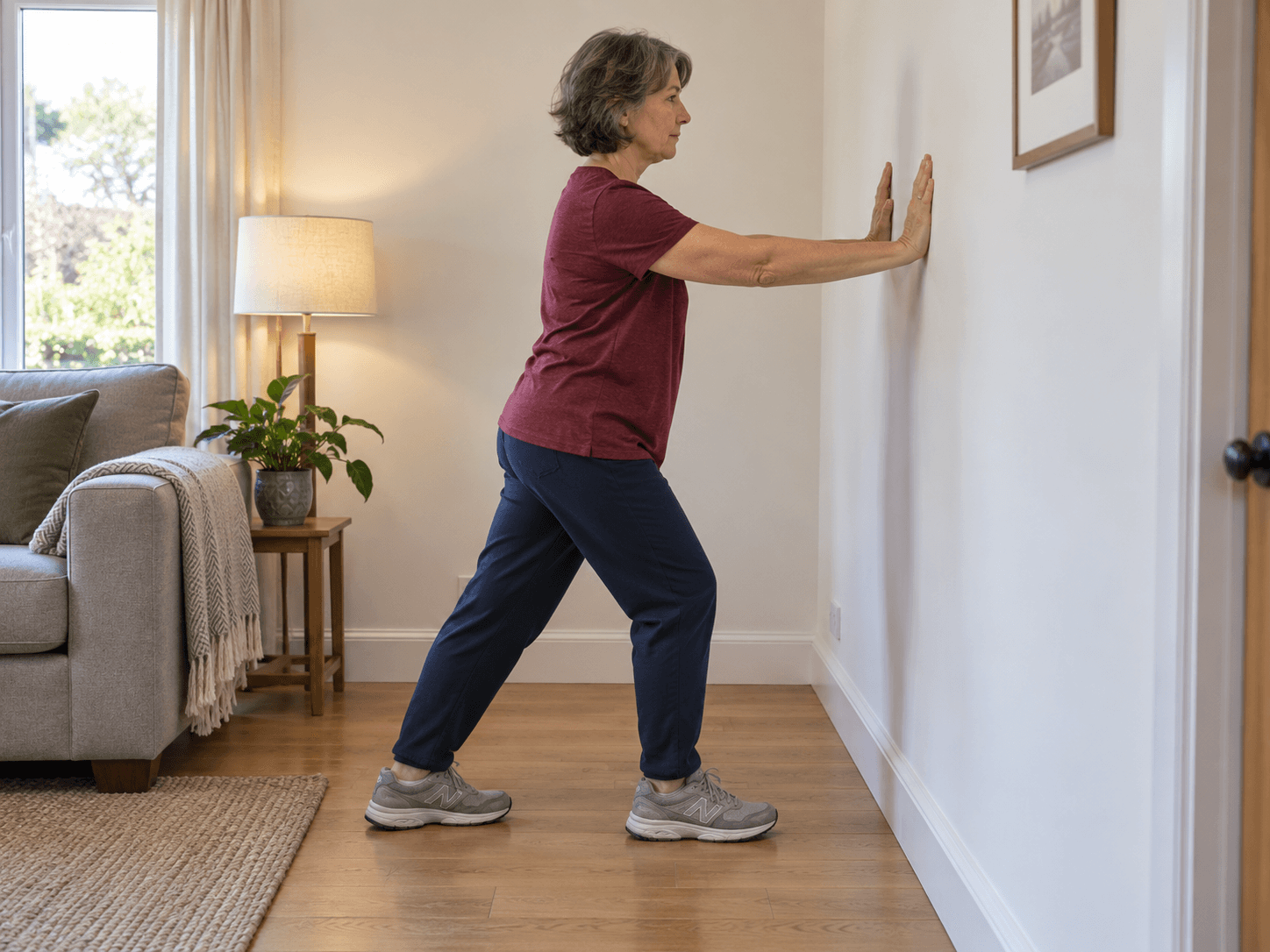 An adult in comfortable clothes doing a modest calf stretch against a living-room wall with both heels on the floor.