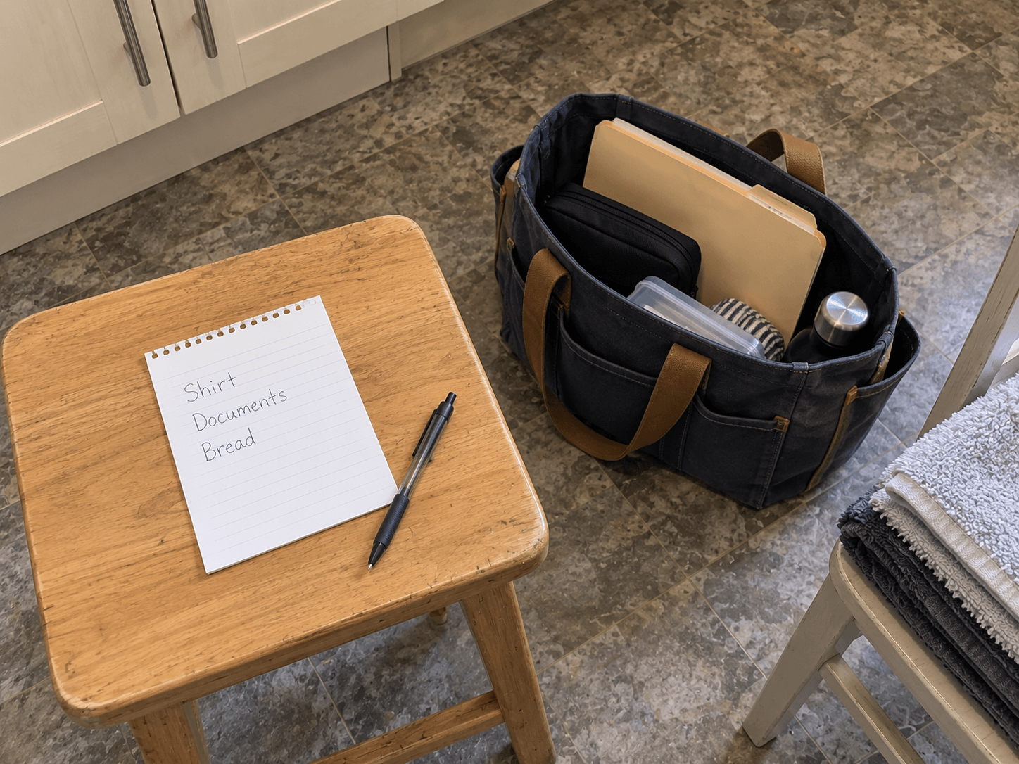 A short handwritten list reading Shirt, Documents and Bread beside a work bag, while folded towels remain on a nearby chair.