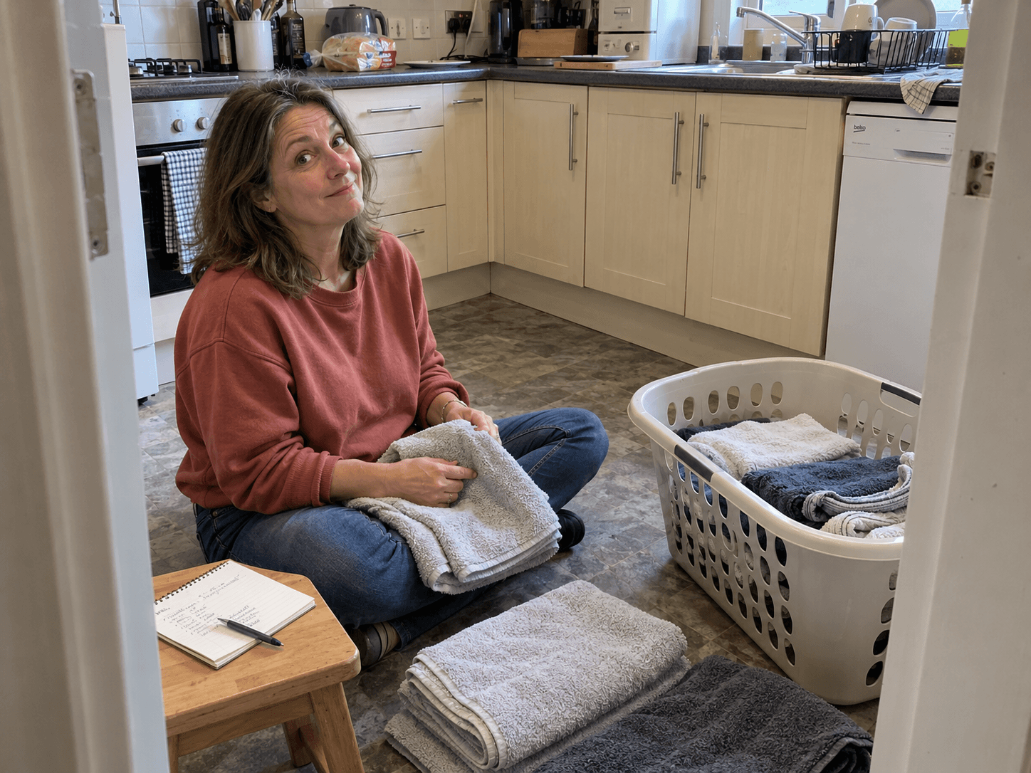 Celia sitting on the kitchen floor with a towel in her lap, looking up at her partner beside a basket of clean washing.