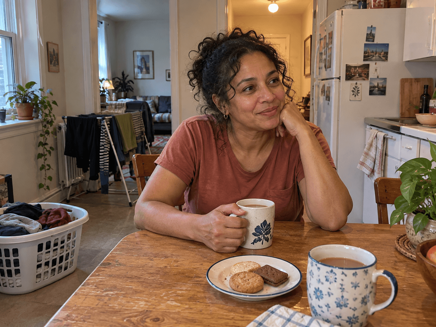 Leila smiling across a small kitchen table, with tea and a laundry basket beside her chair.