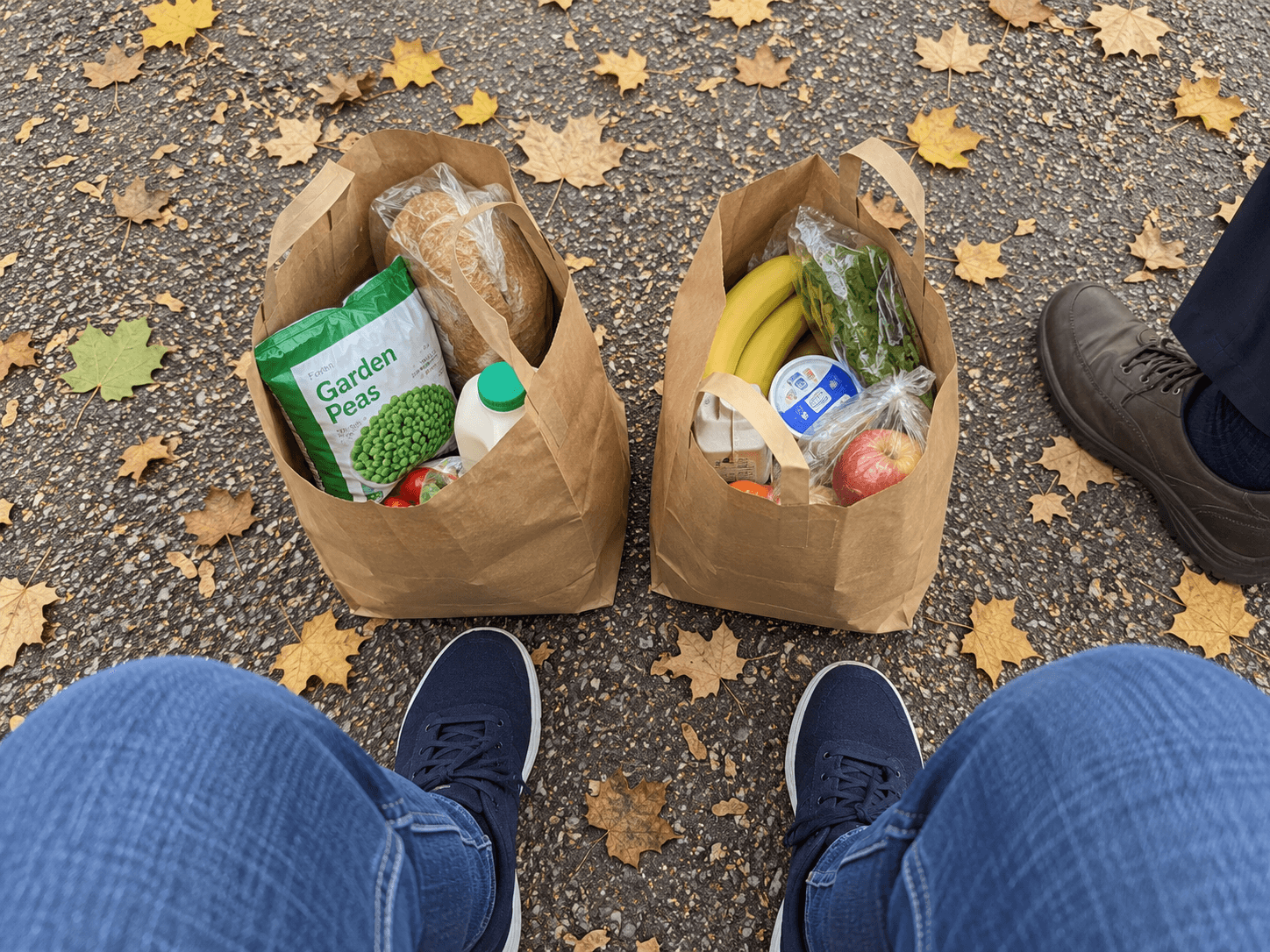 Two grocery bags between Esther's shoes on the path, with the edge of Arthur's brown shoe beside them.