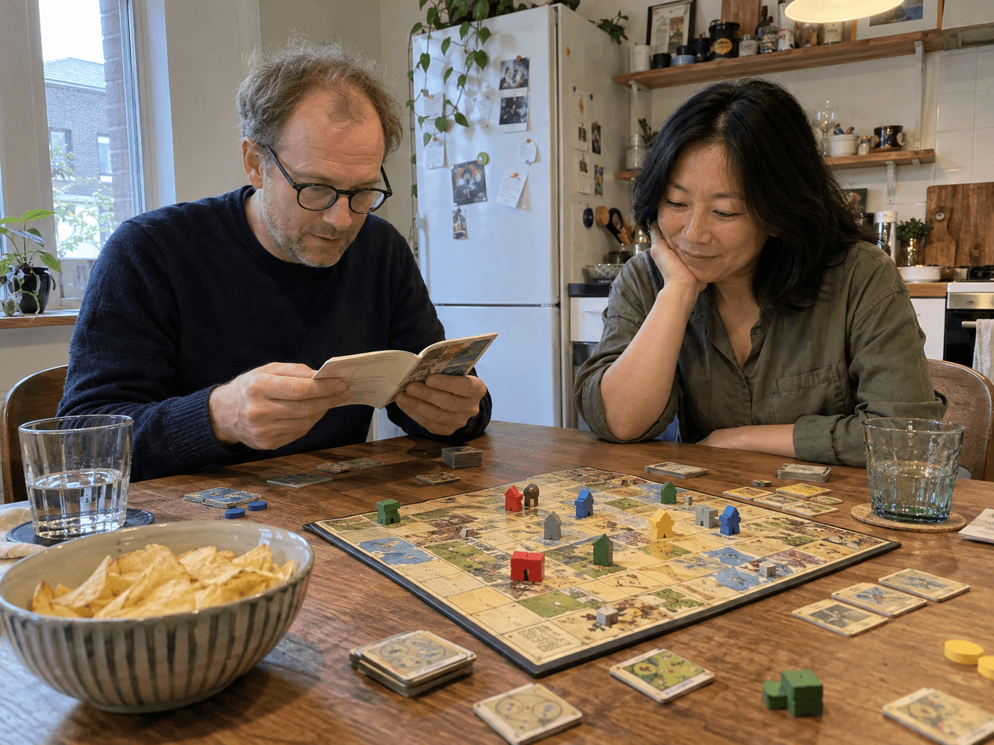 Marc reading a rule booklet while Jo looks at the board game, photographed from Tessa's seat at the kitchen table.