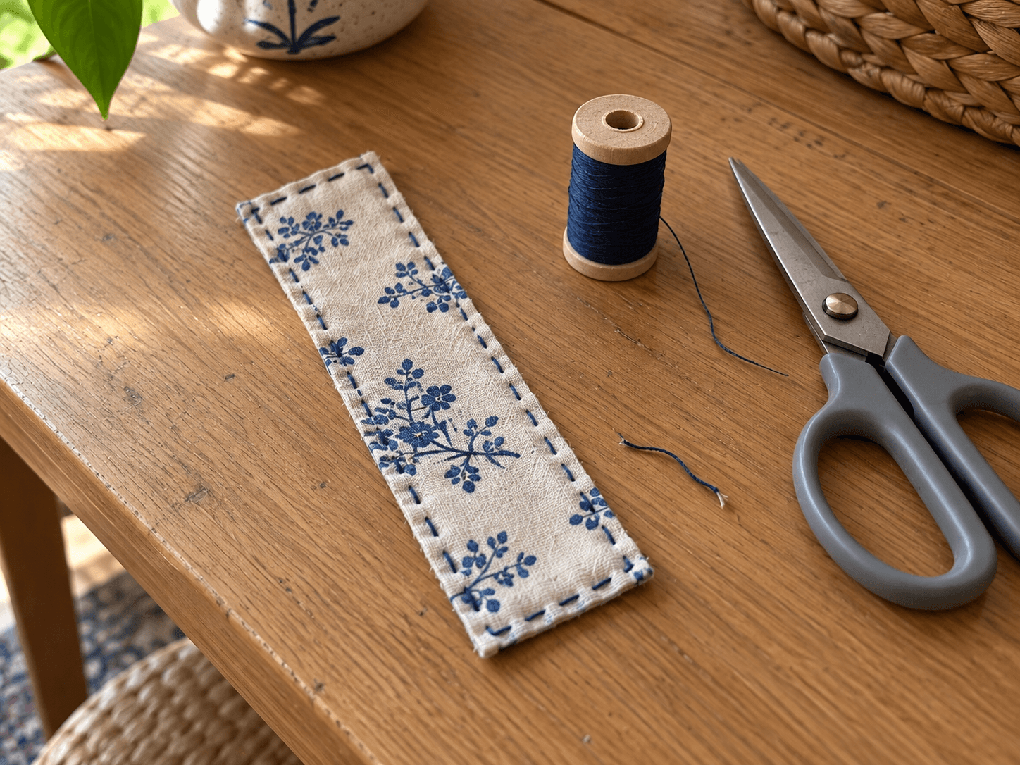 A small cotton bookmark with uneven running stitches beside thread and closed scissors on a clear table.