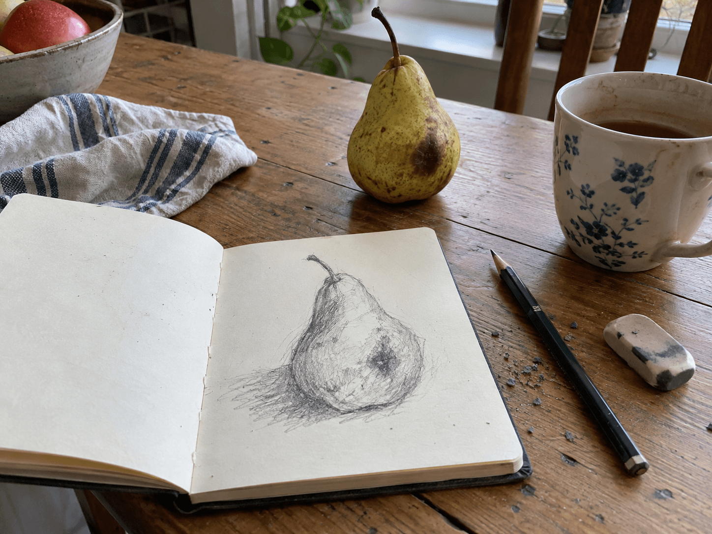 A beginner pencil drawing of a pear beside the real fruit, pencil and eraser crumbs.