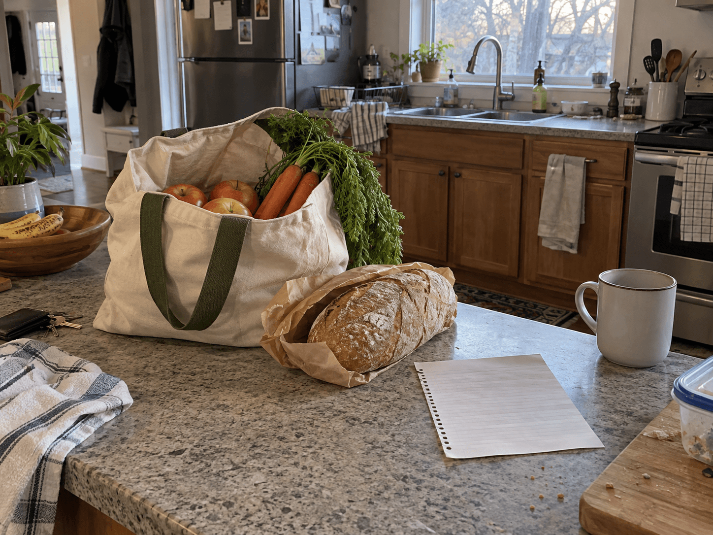 A reusable grocery bag with apples, carrots and bread beside a face-down list.
