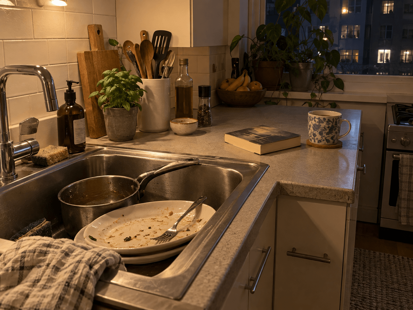 Two plates and a saucepan in a kitchen sink, with a book and mug on the dry counter.