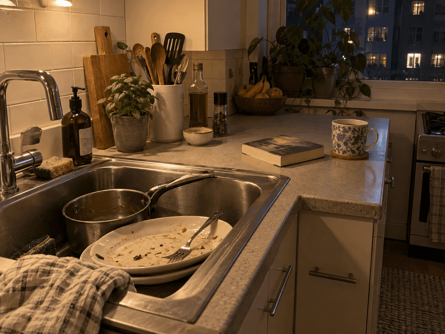 Two plates and a saucepan in a kitchen sink, with a book and mug on the dry counter.
