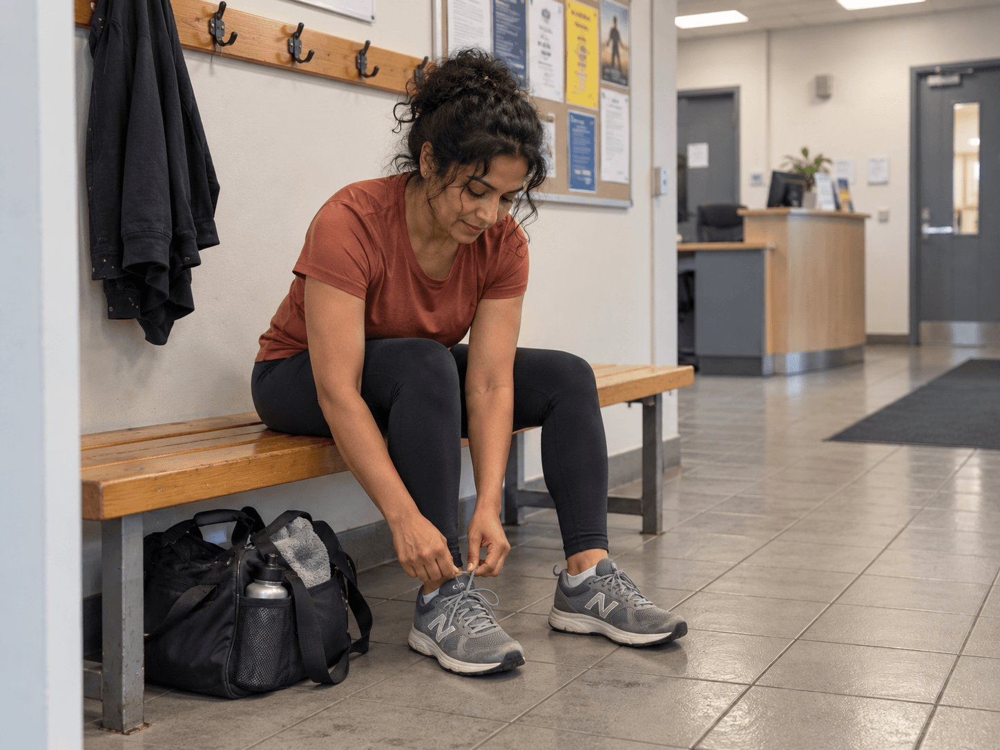 Tessa's sister Maya, with dark curly hair and a rust-coloured exercise shirt, sitting on a gym bench tying her own shoe.