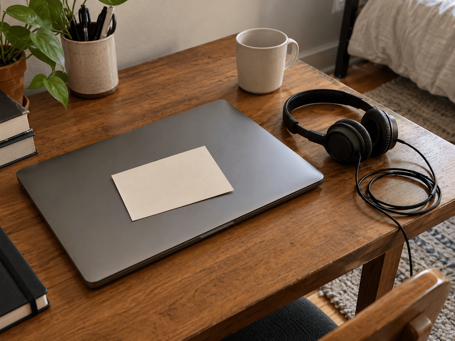 The blank back of Amir's call card lying on a closed laptop, with the work headset resting beside it.