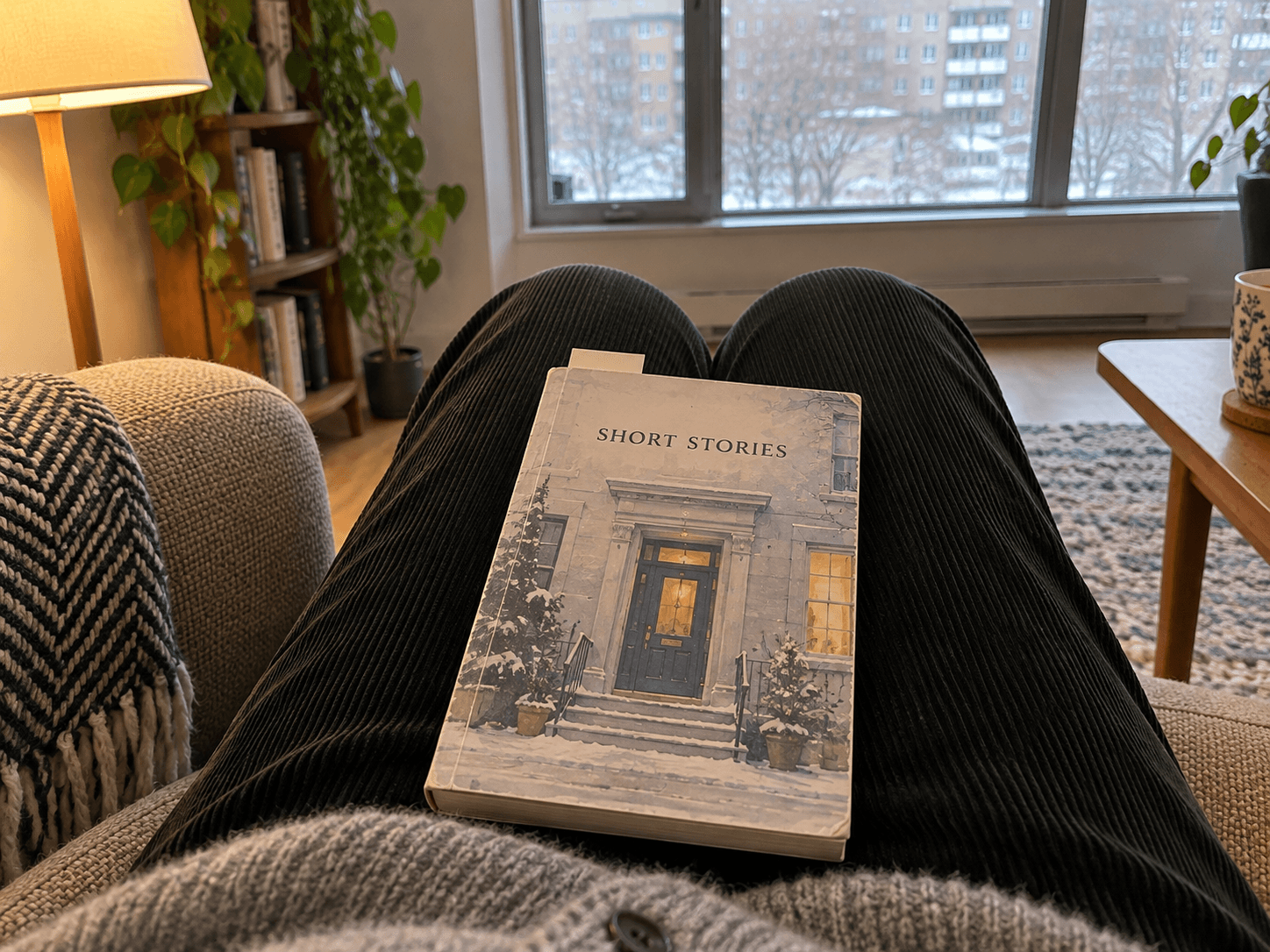 A slim closed short-story collection with a bookmark on Ruth's corduroy-clad knees beside the arm of a chair.