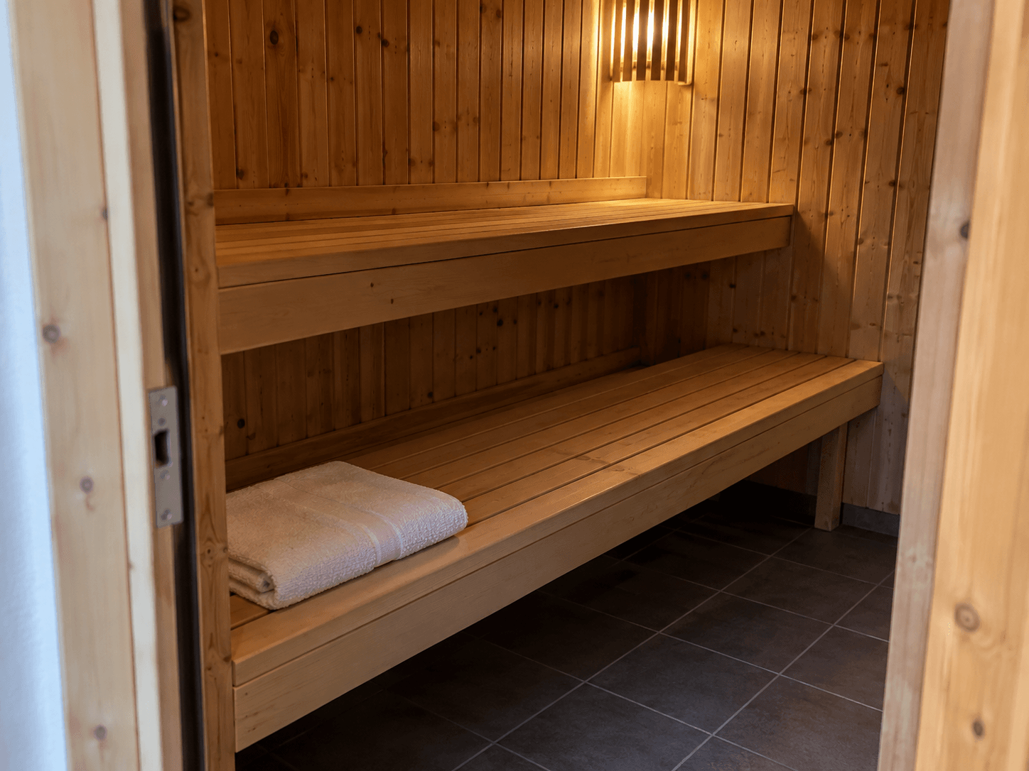 Two levels of sauna seating viewed from the doorway.
