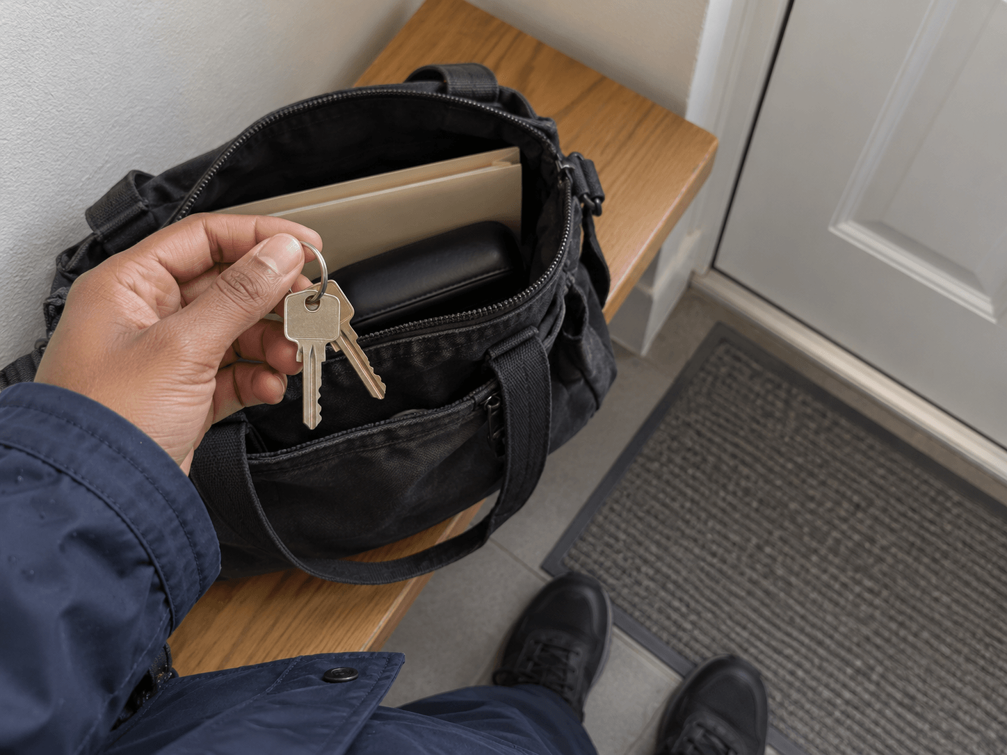 Sonia's view of her keys in one hand above an open work bag, with a folder and glasses case ready beside her front door.