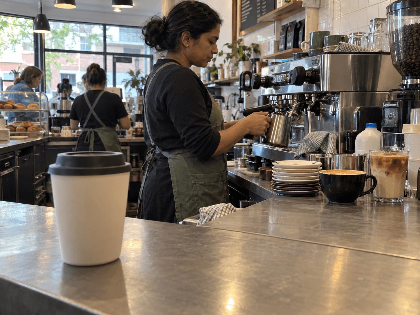 A reusable ceramic takeaway cup on a cafe collection counter as a barista works at the espresso machine farther behind it.