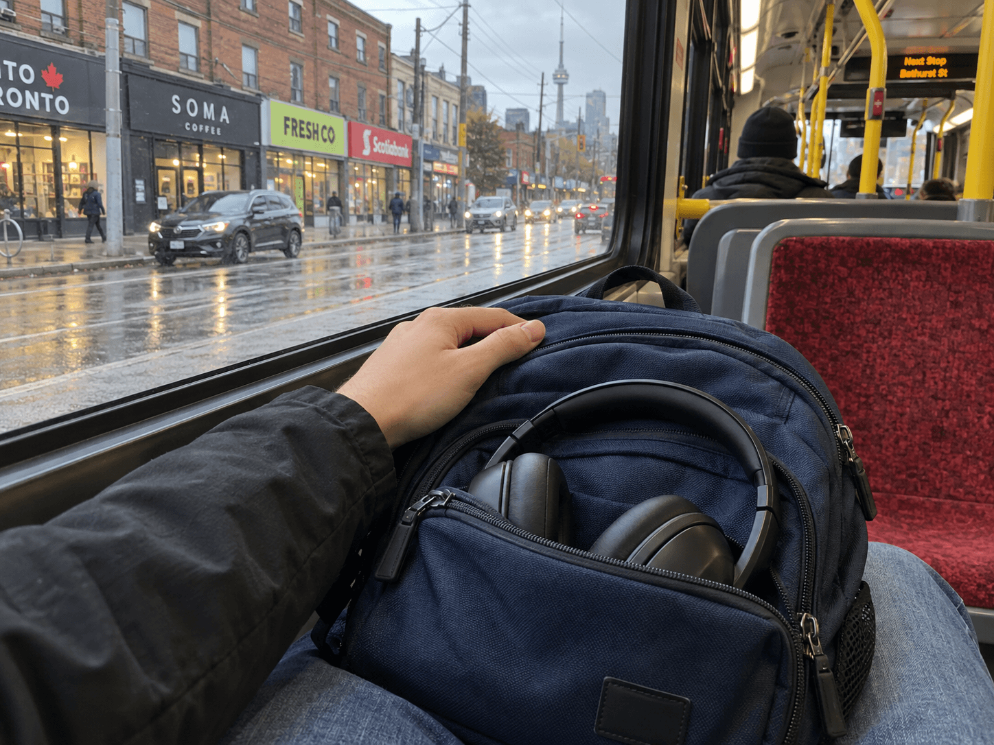 Headphones tucked into a blue backpack supported on a passenger's lap beside a bus window.