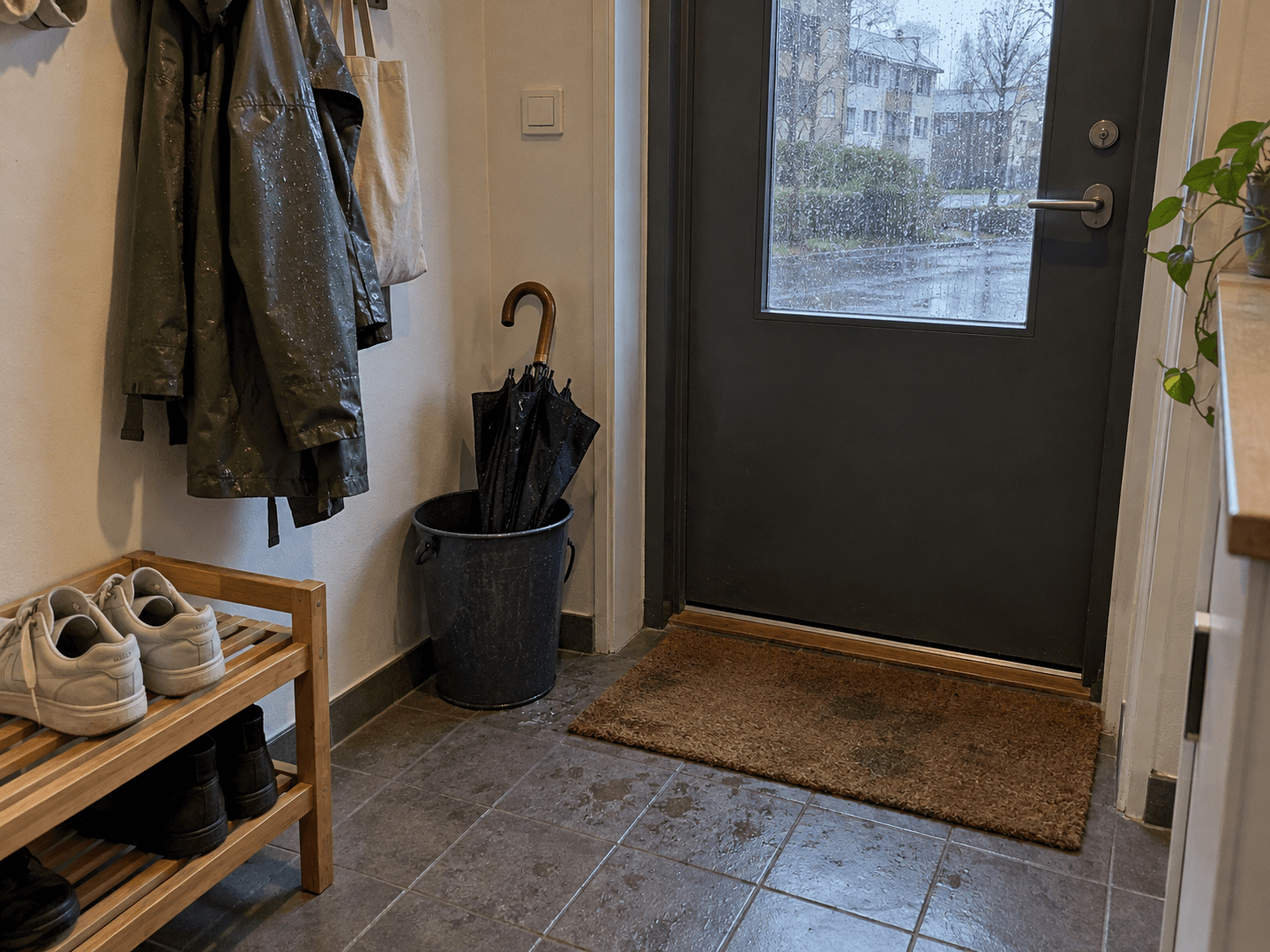 A wet folded umbrella in a bucket by an entrance, with a raincoat and dry shoes nearby.