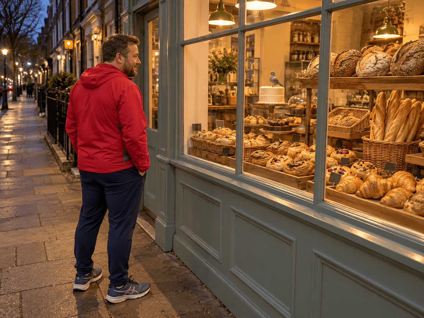 Owen in a red running jacket looking into an ordinary bakery window during a neighbourhood walk.