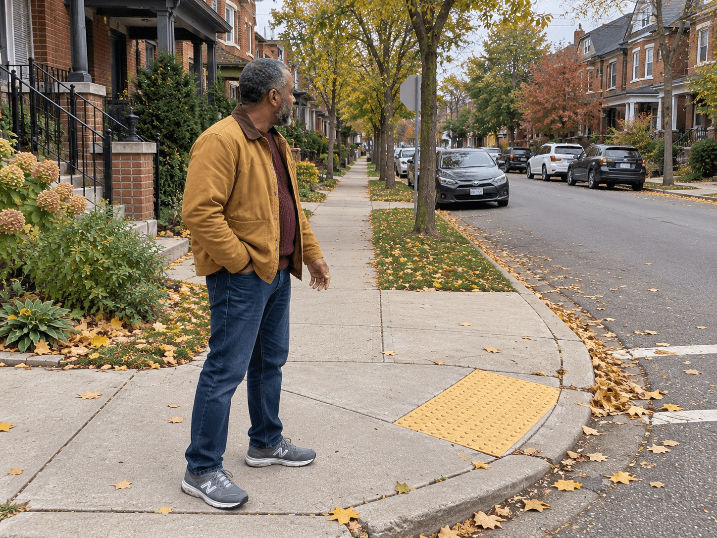 Leon in a mustard jacket waiting at a neighbourhood crossing, photographed by Jonah standing beside him.