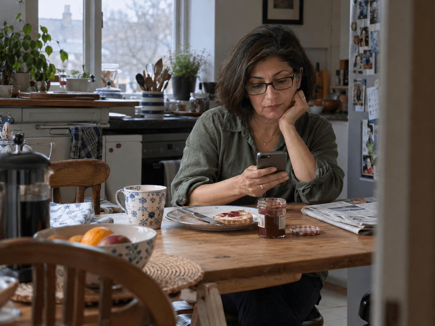 Nadia at a kitchen table with breakfast, looking at a phone while a jar of jam and a folded newspaper sit nearby.