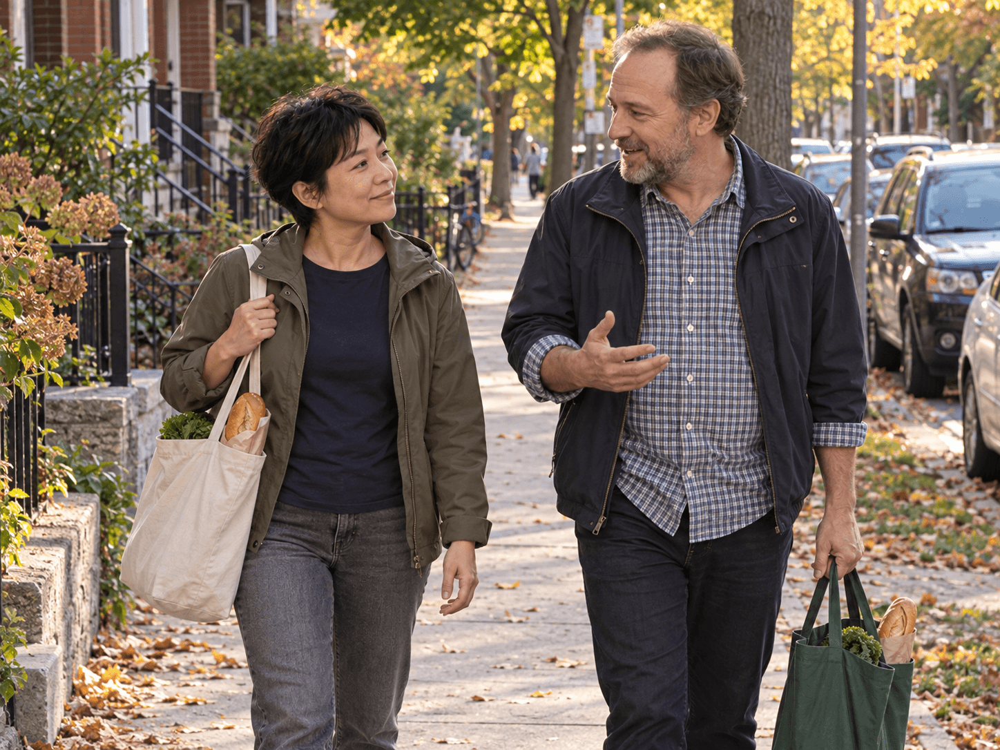 Sam and Mei walking along a residential pavement with a small grocery bag after their short catch-up.