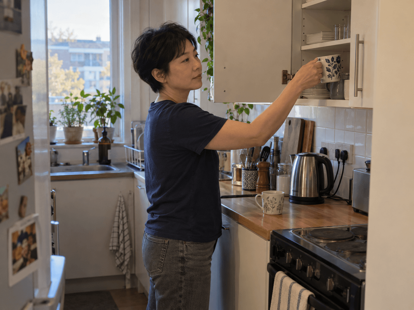 Mei at a kitchen counter putting a pair of mugs back into a cupboard before making a phone call.