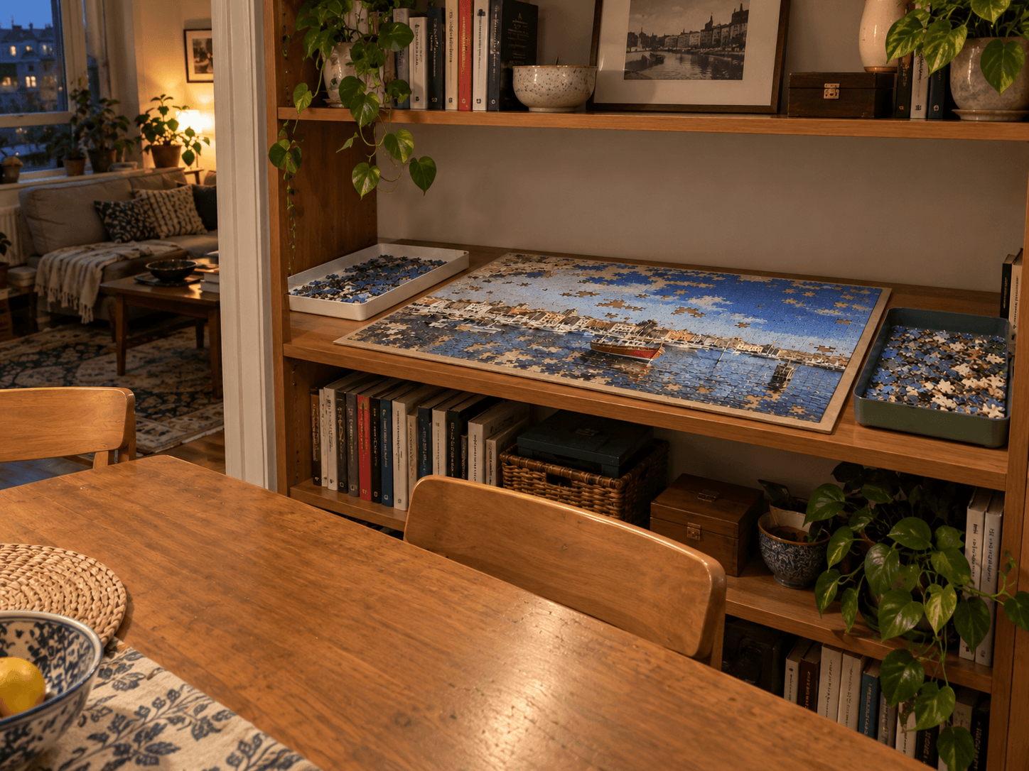 The unfinished harbour jigsaw resting flat on its board on a wide shelf, with sorted pieces in shallow trays beside it.