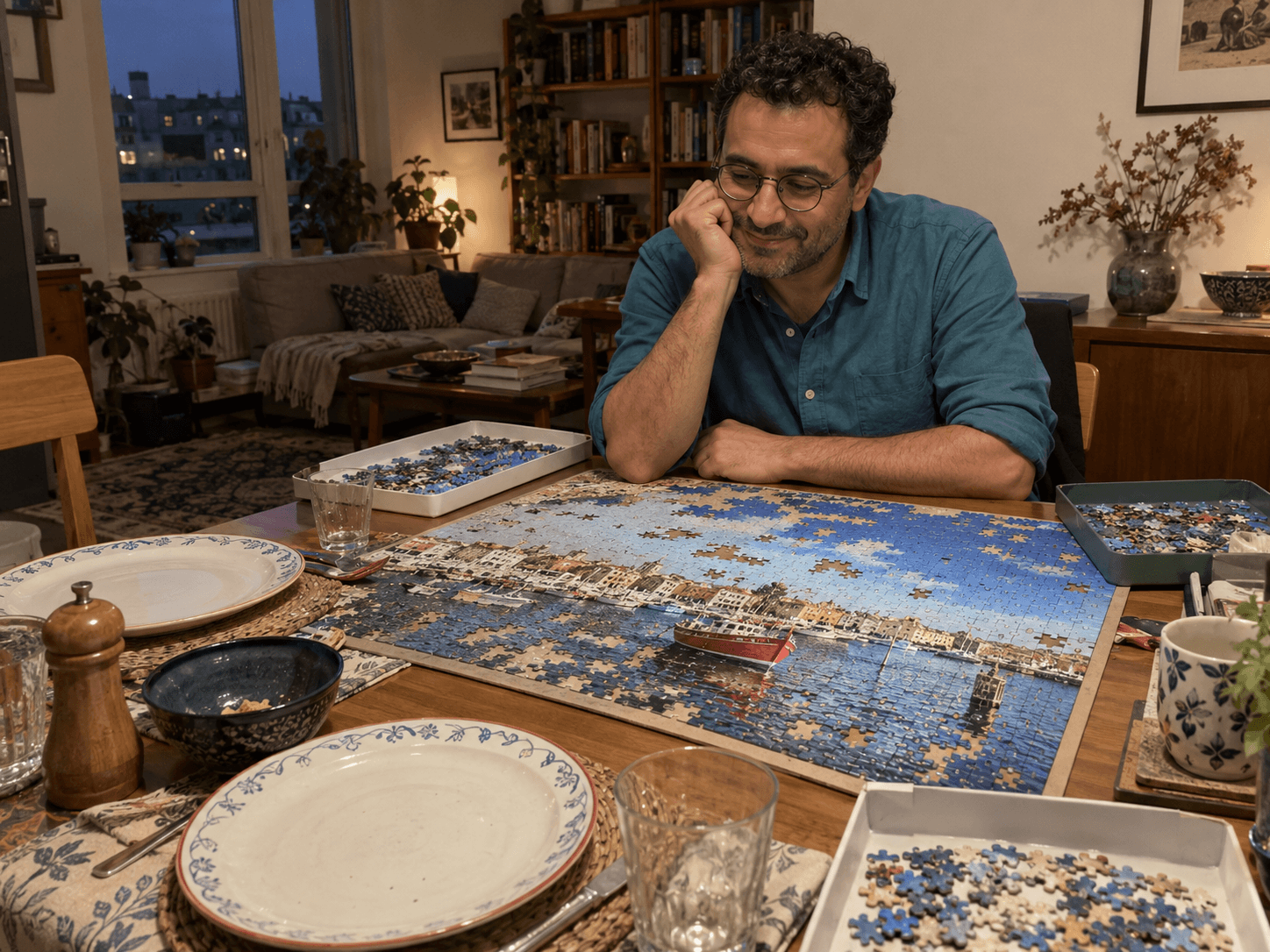 Omar studying an unfinished jigsaw on a rigid board at one end of a dining table, with two dinner plates waiting at the other.