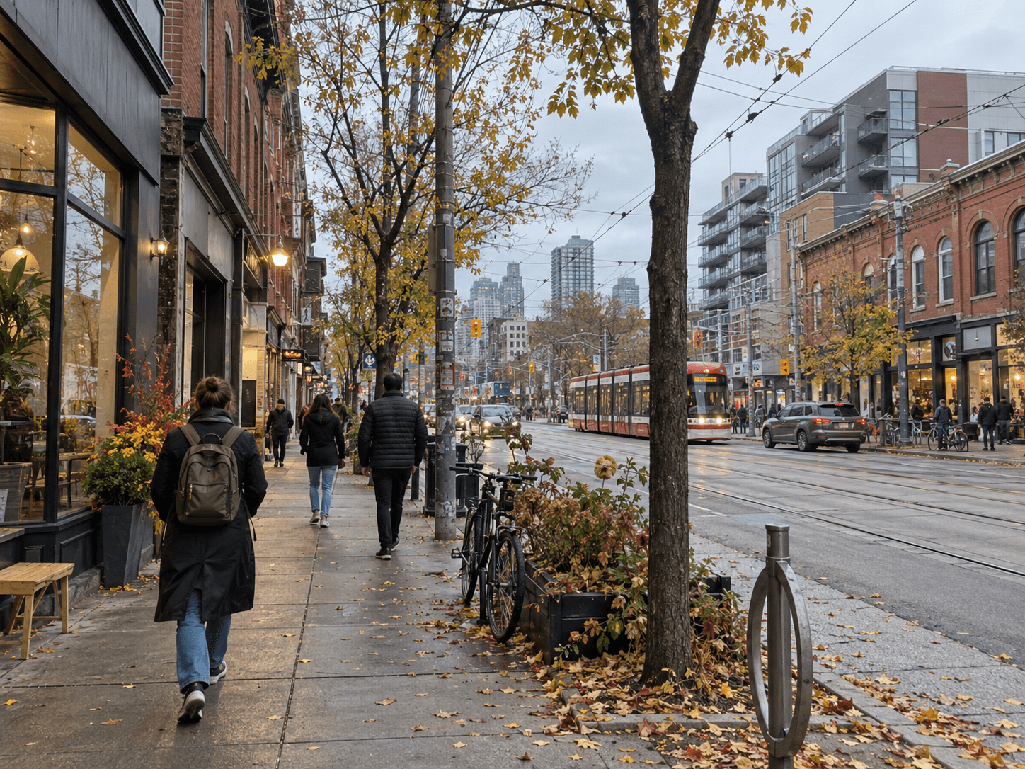 A Toronto street with autumn trees, brick shops, pedestrians and a streetcar.
